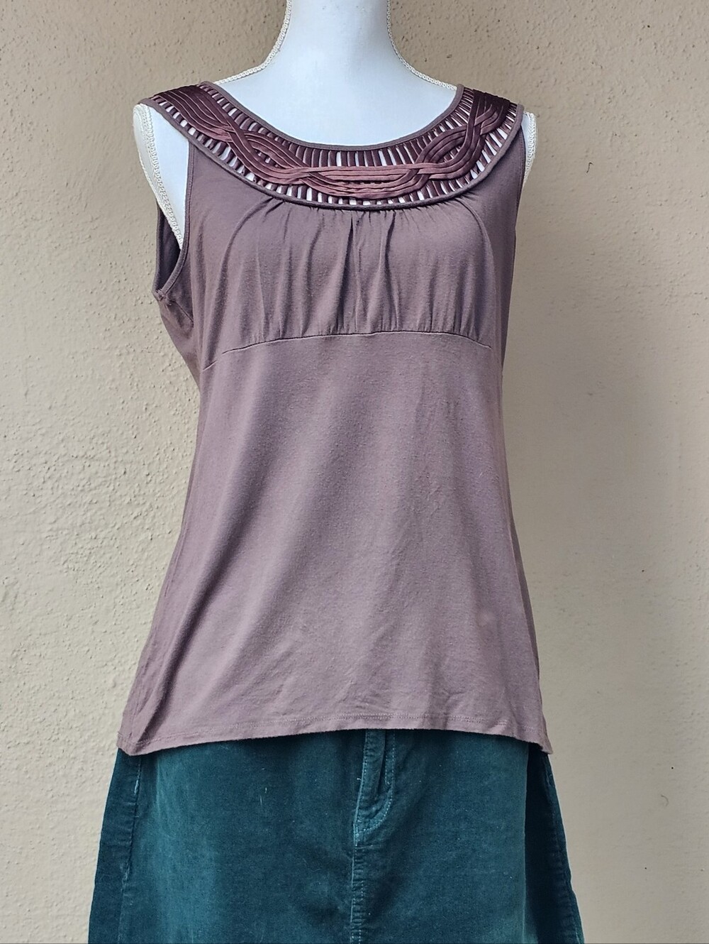 Style & Co Brown Braided Bib Babydoll Style Rayon Blend Top SZ L